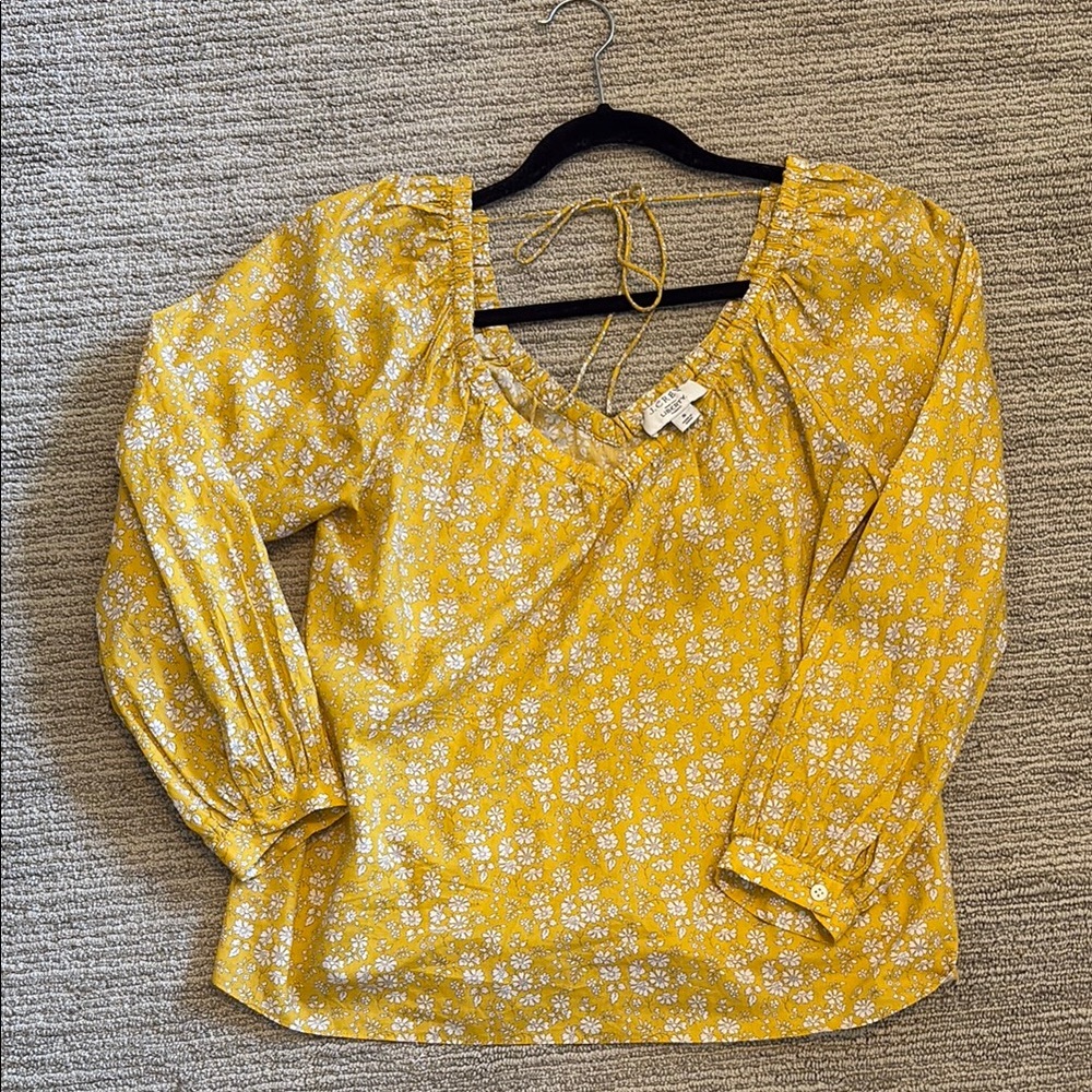 J. Crew Yellow Puff Sleeve Blouse with Ruched Tie Front